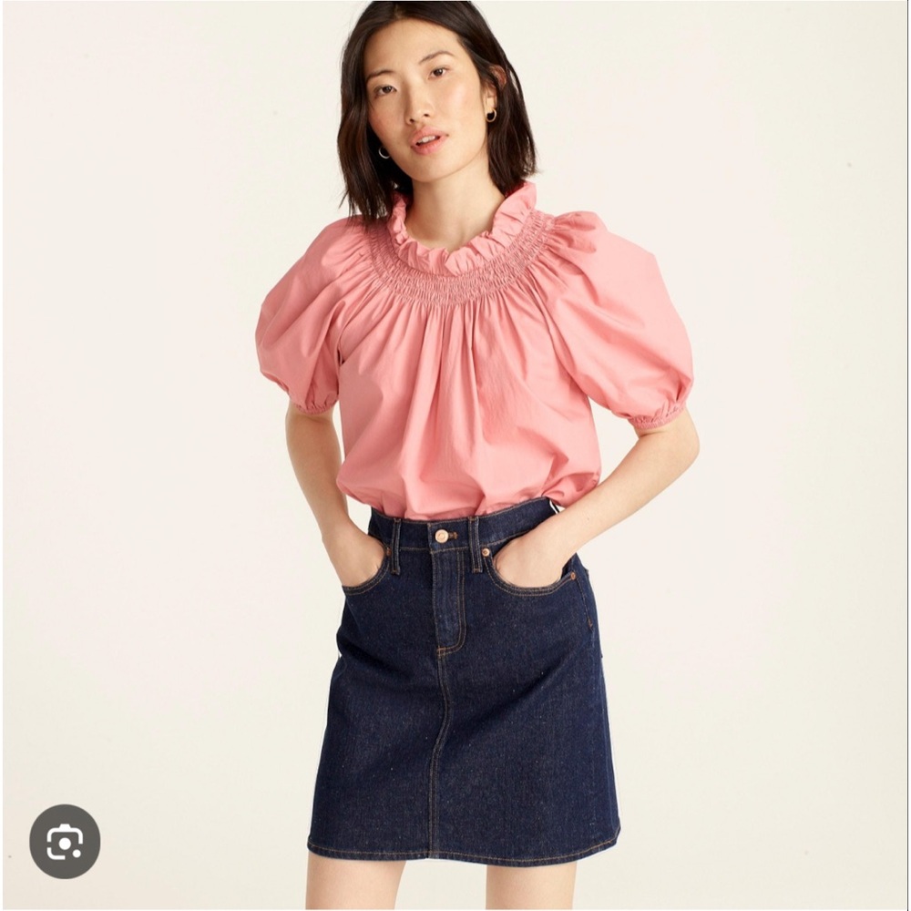 J. Crew Pink Ruffled Smocked Neck Puff Sleeve Blouse